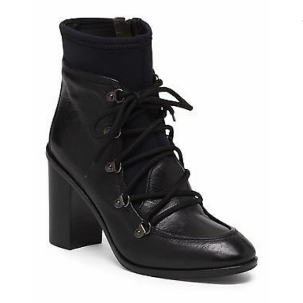 Napoleoni Grannie Black Leather Neoprene Lace-up Heeled Lolita Granny Booties 40